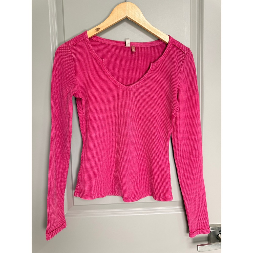 Pilcro Magenta Pink Waffle Knit Thermal Top XS Notched V-Neck Long Sleeve